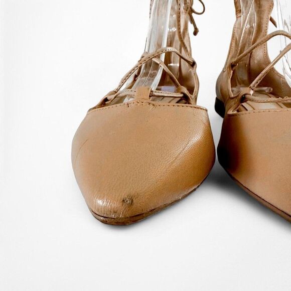 Zara Nude Beige Brown Goat Leather Lace Up Ballet Flats Size 6 - Picture 7 of 10